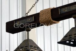 Chandelier "Wooden beam with ropes"  on 3 plafonds L-1500 h-350 (Height without suspension)  (Approximate sizes)